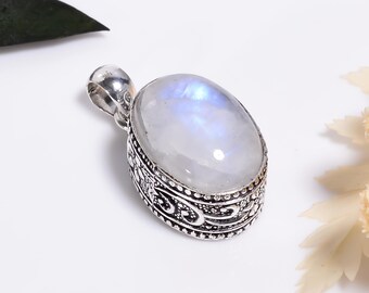 Moonstone Pendant Sterling Silver Oxidized ,Handmade Minimalist Boho Gemstone Jewelry