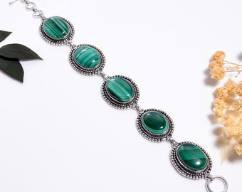 Natural Malachite Sterling Silver Bracelet,Oxidized Vintage Style,Handmade Gemstone Jewelry