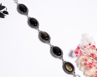Golden Obsidian Bracelet Sterling Silver Oxidized ,Handmade Gemstone Cuff,Boho Gemstone Jewelry