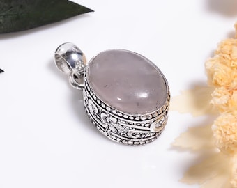 Rose Quartz Sterling Silver Pendant,Natural Crystal Necklace,Oxidized Handmade Gemstone Jewelry