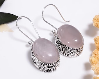 Rose Quartz Sterling Silver Earrings,Vintage Style,Boho Handmade Gemstone Jewelry