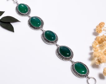 Green Onyx Sterling Silver Bracelet,Handmade Boho Gemstone Jewelry