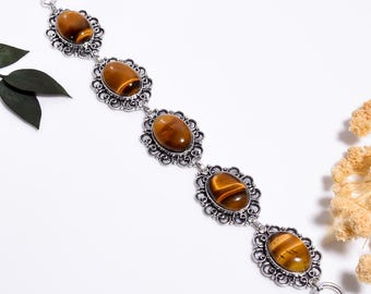Tiger Eye Sterling Silver Bracelet,Oxidized Vintage Style ,Handmade Boho Gemstone Jewelry