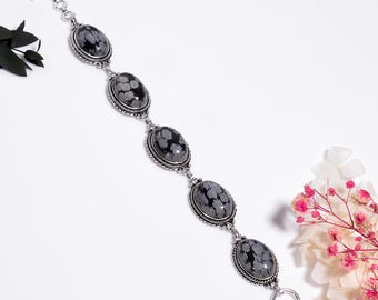 SnowFlake Obsidian Sterling Silver Bracelet , Oxidized Silver Handmade Gemstone Jewelry , Boho Gift For Her