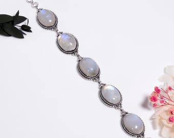 925 Sterling Silver Bracelet With Natural Moonstone , Oxidized Handmade Jewelry, Elegant Gift