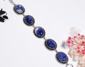 Sodalite Sterling Silver Bracelet,Oxidized Silver Handmade Gemstone Jewelry , Minimalist Gift For Her