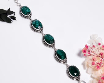 925 Sterling Silver Bracelet With Natural Emerald,Oxidized Handmade Jewelry,Elegant Gift For Her