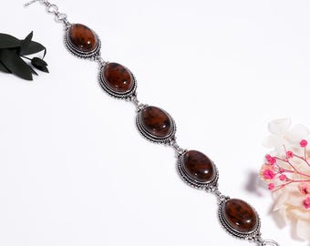 Mahogany Obsidian Gemstone Bracelet , Oxidized Sterling Silver Bracelet , Handmade Boho Crystal Jewelry