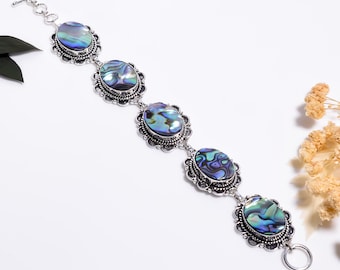 Sterling Silver Abalone Shell Bracelet,Oxidized,Handmade Ocean Inspired  Gemstone Jewelry