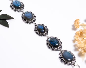 Labradorite Bracelet in Oxidized 925 Sterling Silver ,Handmade Boho Gemstone Jewelry for women
