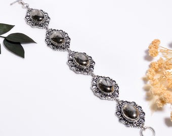 Pyrite Bracelet Sterling Silver Oxidized Bracelet,Minimalist Handmade Crystal Gemstone Jewelry