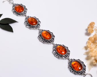 Baltic Amber Sterling Silver Bracelet,Oxidized Vintage Style,Handmade Boho Gemstone Jewelry