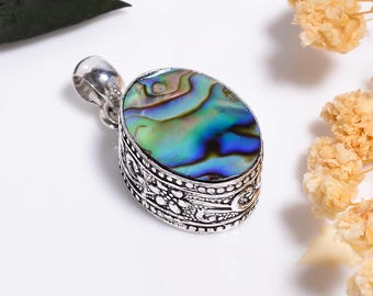 Abalone Shell Sterling Silver Pendant,Oxidized Vintage Style ,Boho Gemstone Jewelry