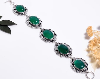 Green Onyx  Bracelet Sterling Silver ,Oxidized,Handmade Minimalist Gemstone Jewelry