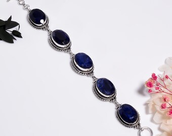 Handmade Blue Sapphire Bracelet in 925 Sterling Silver ,Oxidized Vintage Style Jewelry,Birthstone Gift