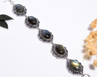 Labradorite Bracelet Sterling Silver Oxidized,Handmade Minimalist  Gemstone Jewelry