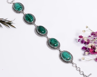 Natural Malachite Bracelet in Oxidized 925 Sterling Silver ,Handmade Gemstone Jewelry