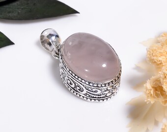 Rose Quartz Pendant Sterling Silver ,Oxidized Vintage style ,Handmade Pink Crystal Gemstone Jewelry