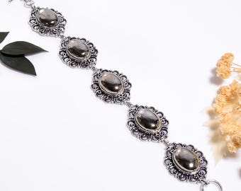 Pyrite Bracelet Sterling Silver Oxidized,Handmade Minimalist Crystal Jewelry ,Natural Gemstone