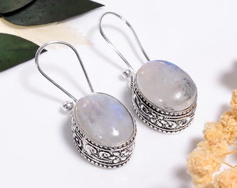 Moonstone Earrings 925 Sterling Silver,Vintage Style ,Handmade Oxidized Gemstone Jewelry