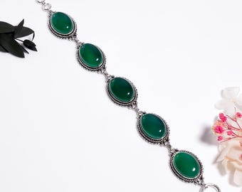 Green Onyx Crystal Bracelet, Sterling Silver Jewelry,Oxidized Handmade Bracelet,Artisan Gemstone Gift