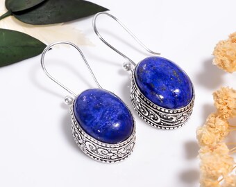 Naturalne kolczyki z lapis lazuli, styl vintage, biżuteria ze srebra próby 925 z kamieniami szlachetnymi