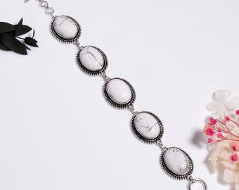 Howlite Sterling Silver Bracelet , Oxidized Silver Handmade Gemstone Jewelry ,Boho Gift For Her