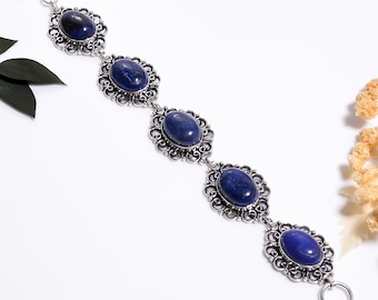Lapis Lazuli Sterling Silver Bracelet , Oxidized Vintage Style ,Handmade Boho Gemstone Jewelry