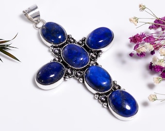 Naszyjnik z krzyżem z lapis lazuli, oksydowane srebro próby 925, gotycka biżuteria religijna