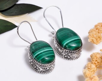 Malachite Earrings 925 Sterling Silver ,Vintage Oxidized ,Artisan Bohemian Gemstone jewelry
