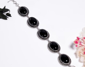 Black Onyx Sterling Silver Bracelet , Oxidized Silver Handmade Gemstone Jewelry,Boho Gift For Her