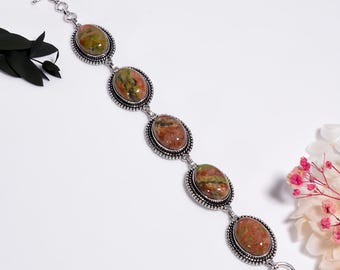 Unique Unakite Bracelet ,Sterling Silver Handmade Jewelry , Oxidized ,Natural Gemstone Gift For Her