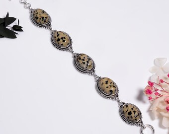 Dalmatian Jasper Sterling Silver Bracelet,Oxidized Silver Handmade Gemstone Jewelry , Minimalist Gift For Her