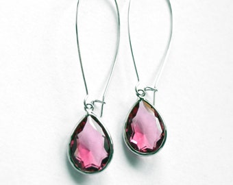 Pink crystal teardrop earrings - silver kidney ear wire