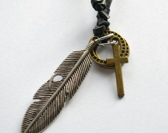 Leather feather cross necklace - adjustable 18" - 32"