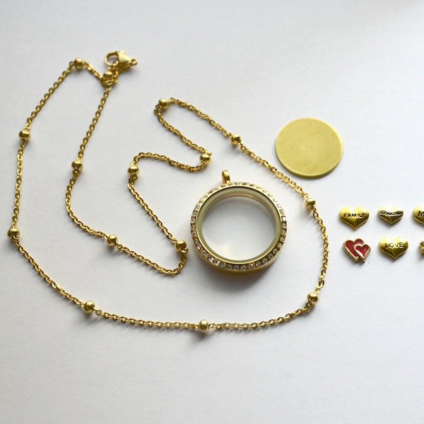 Gold floating locket and accessories - Locket - Chain - Back plate - Floating charms