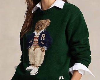 Kultowy sweter z wełny Bear marki Polo Ralph Lauren, dzianinowy sweter w stylu vintage