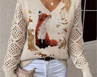 Sweter damski z dzianiny – sweter z dekoltem w serek – wygodny sweter na jesień i zimę – rękawy w stylu szydełkowym