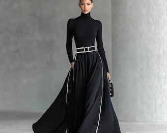 Elegancka sukienka maxi z golfem, z paskiem w kształcie litery A, zwiewna, wieczorowa z poliestru