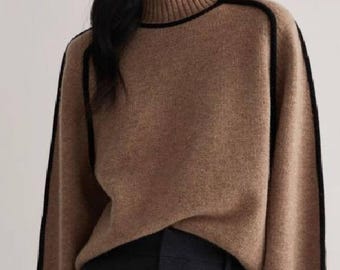 Damski sweter z dzianiny z wysokim kołnierzem i kontrastowym wykończeniem | Luźny golf | Ciepły, minimalistyczny top na zimę