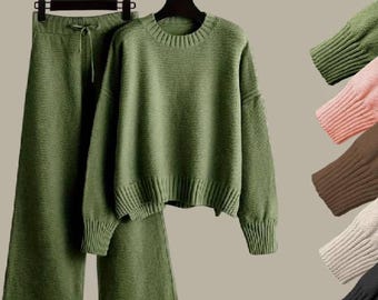 Dwuczęściowy damski komplet wypoczynkowy z dzianiny | Sweter + spodnie z szerokimi nogawkami | Miękki komplet do kompletu | Ciepła odzież domowa