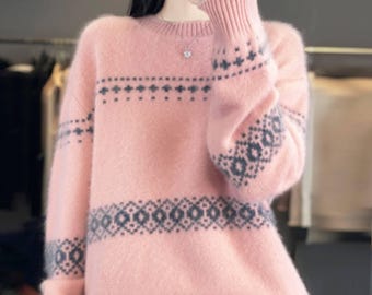 Damski sweter zimowy z mieszanki wełny | Ciepły sweter z dzianiny | Miękki wełniany sweter | Luźny, długi rękaw