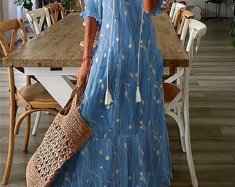 Sukienka maxi z dekoltem w serek i kwiatowym nadrukiem, letnia sukienka w stylu boho z bufiastymi rękawami