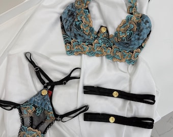 Embroidered Italian Lace Lingerie Set with Python Skin Accents