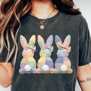 Comfort Colors® Faux Patchwork Bunny Tee, Vintage Cottagecore Easter T-shirt, Spring Floral Graphic Shirt, Easter Shirt, Bunny Shirt Gift