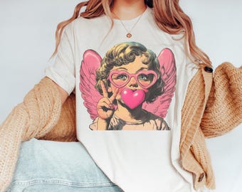 Comfort Colors® Retro Cupid Shirt, Aesthetic Valentines Day Blowing Bubble Cupid T-Shirt, Valentines Day Tee for Women,Cupid's Brewing Shirt