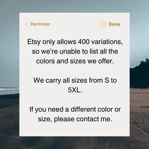 May include: A digital note on a white background, informing customers about Etsy product variations. It mentions sizes from S to 5XL and encourages contact for other colours or sizes. The backdrop is a beach scene with a cloudy sky.