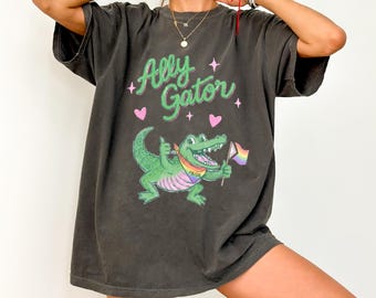 Comfort Colors® Ally Gator Pride T-Shirt, LGBTQ Ally Gator Tee, Rainbow Flag Alligator Shirt Gift