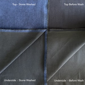May include: A close-up of two denim fabric swatches, showing the difference between stone washed and unwashed denim. The top swatches are the top side of the fabric, and the bottom swatches are the underside. The stone washed denim is a lighter blue color, while the unwashed denim is a darker blue color.