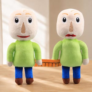 May include: Two plush dolls of a character with a bald head, beige skin, and a large nose. The dolls wear green shirts, blue pants, and brown shoes. They are holding an orange and black measuring tape.